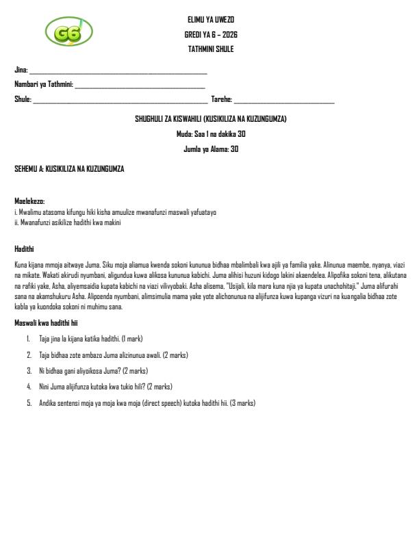 Preview page Grade-6-Shughuli-za-Kiswahili-Kusikiliza-na-Kuzungumza-Term-2-Opener-Exam_5587_0.jpg