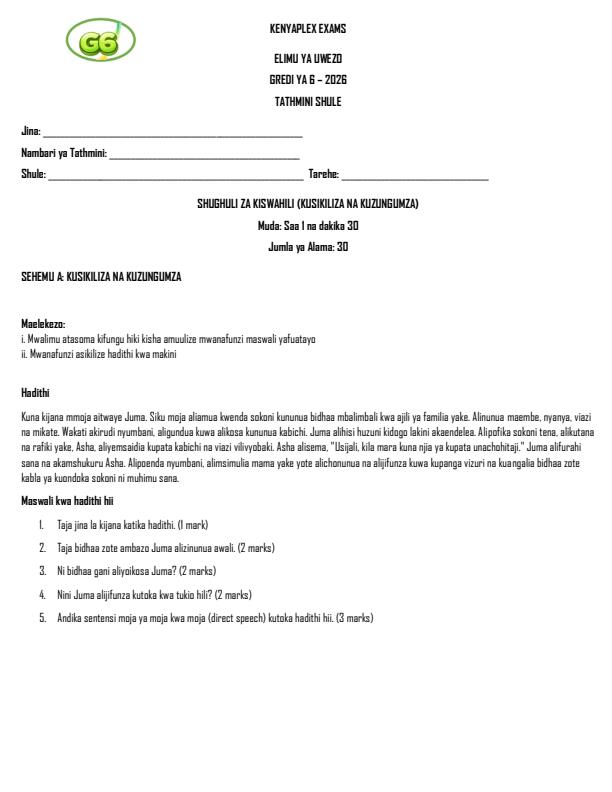 Preview page Grade-6-Shughuli-za-Kiswahili-Kusikiliza-na-Kuzungumza-Term-2-Opener-Exam_5588_0.jpg