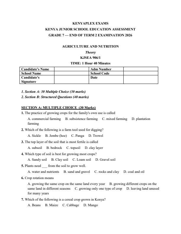 Preview page Grade-7-Agriculture-and-Nutrition-July-Assessment-Examination-2026_6322_0.jpg