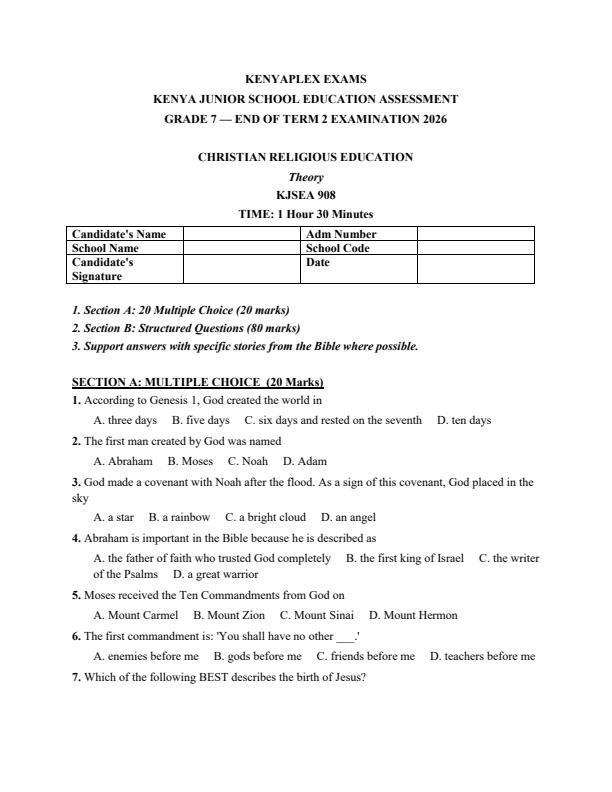 Preview page Grade-7-CRE-July-Assessment-Examination-2026_6323_0.jpg