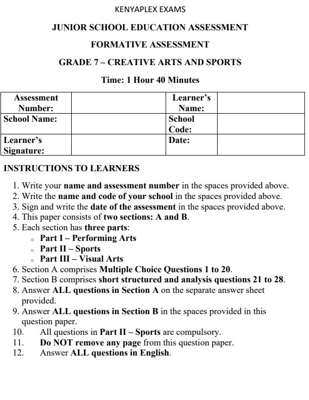 Preview page Grade-7-Creative-Arts-and-Sports-End-Term-3-Set-2-Exam-2026_7189_0.jpg