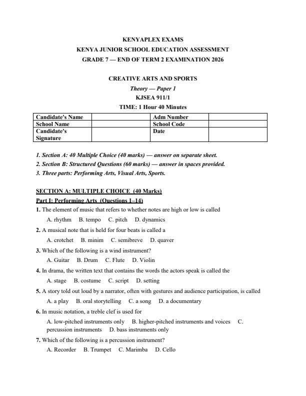 Preview page Grade-7-Creative-Arts-and-Sports-July-Assessment-Examination-2026_6324_0.jpg