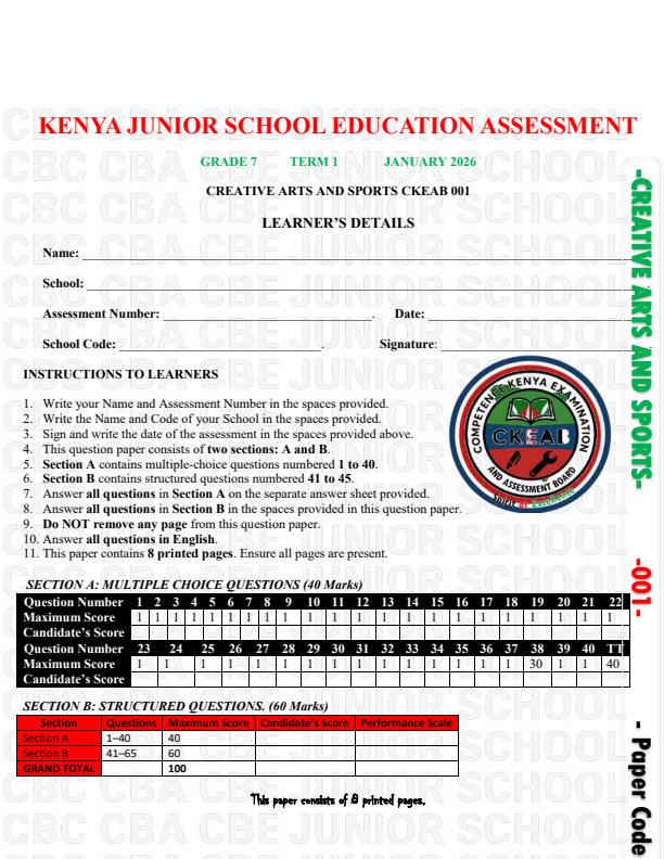 Preview page Grade-7-Creative-Arts-and-Sports-Opener-Exam-Term-1-2026_4973_0.jpg