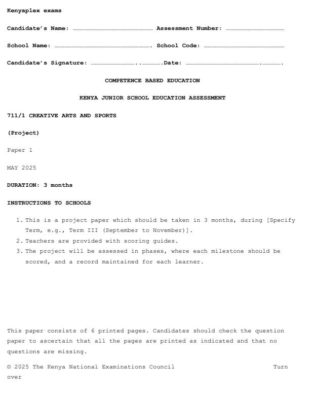 Preview page Grade-7-Creative-Arts-and-Sports-Paper-1-Mid-Term-2-Exam-2025_4149_0.jpg