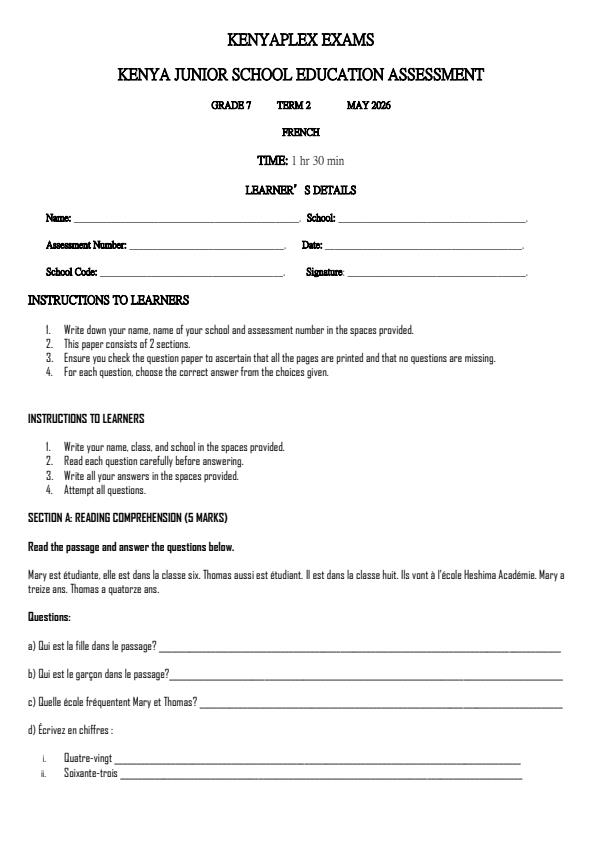 Preview page Grade-7-French-Term-2-Opener-Exam-2026_5597_0.jpg