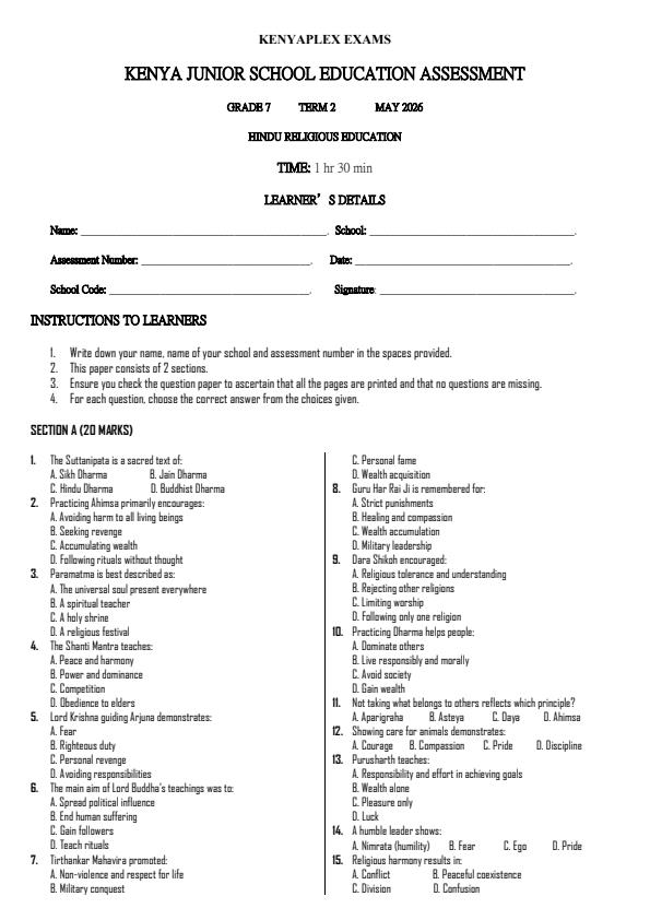 Preview page Grade-7-Hindu-Religious-Education-Term-2-Opener-Exam-2026_5599_0.jpg