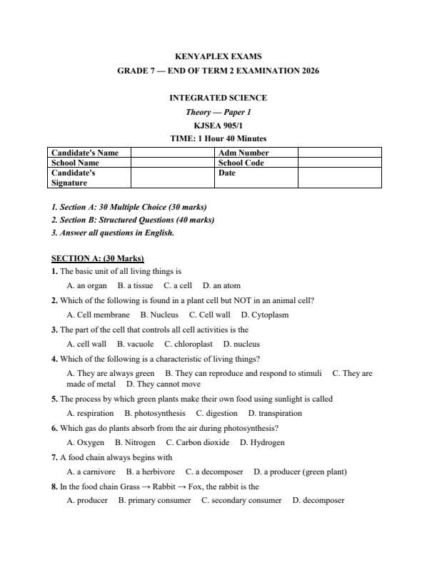 Preview page Grade-7-Integrated-Science-Paper-1-July-Assessment-Examination-2026_6327_0.jpg