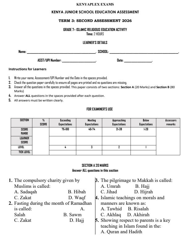 Preview page Grade-7-Islamic-Religious-Education-Activity-End-Term-3-Exam-2026_6782_0.jpg