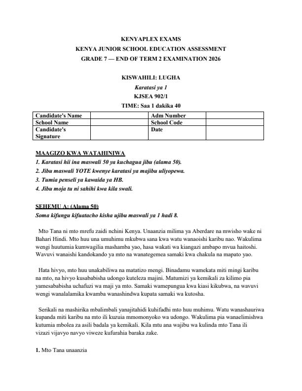 Preview page Grade-7-Kiswahili-Paper-1-July-Assessment-Examination-2026_6328_0.jpg