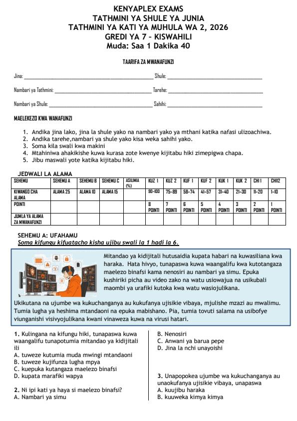 Preview page Grade-7-Kiswahili-Paper-1-Mid-Term-2-Exam-2026_5872_0.jpg