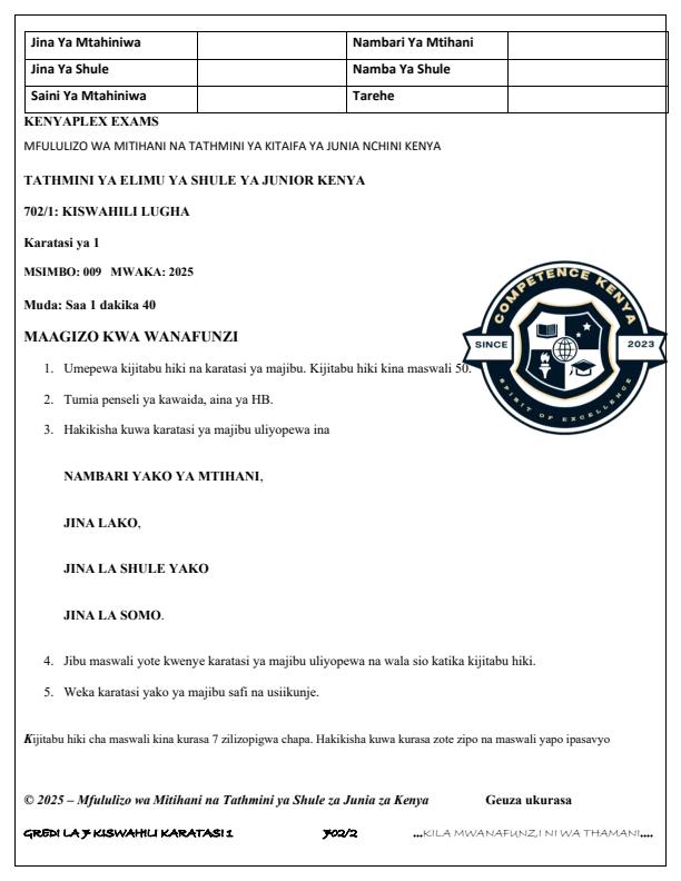 Preview page Grade-7-Kiswahili-Paper-1-Term-3-Opener-Exam-2025_4538_0.jpg