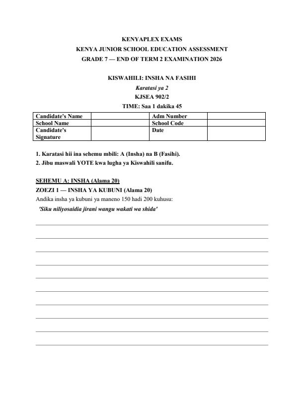 Preview page Grade-7-Kiswahili-Paper-2-July-Assessment-Examination-2026_6329_0.jpg