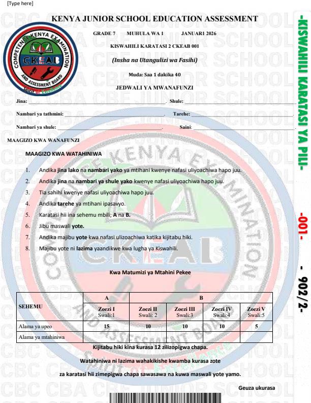 Preview page Grade-7-Kiswahili-Paper-2-Opener-Exam-Term-1-2026_4980_0.jpg