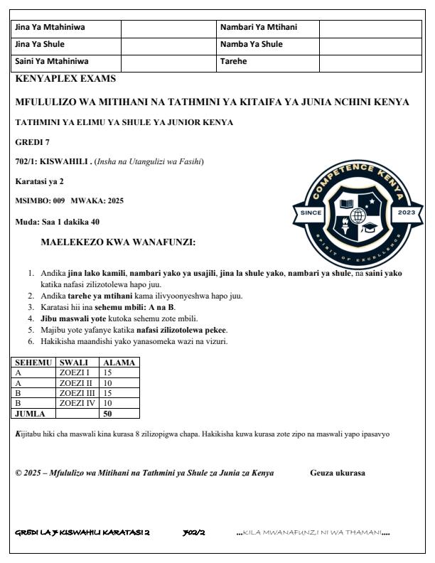 Preview page Grade-7-Kiswahili-Paper-2-Term-3-Opener-Exam-2025_4539_0.jpg