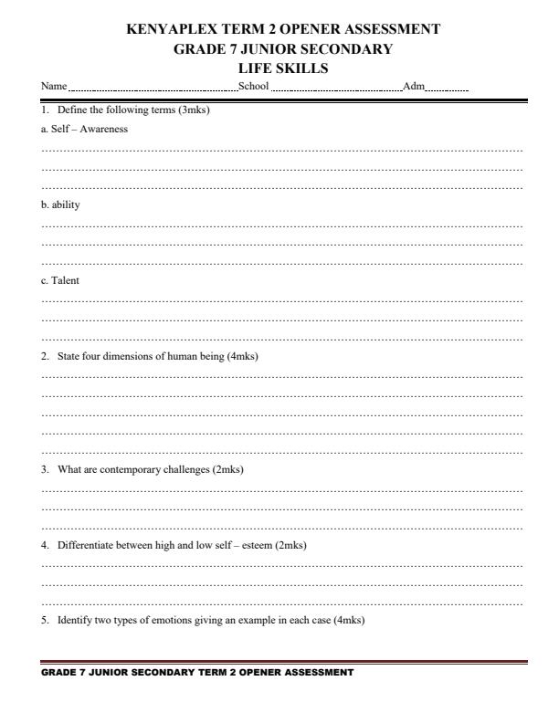 Grade 7 Life Skills Term 2 Opener Examination 2023 1633
