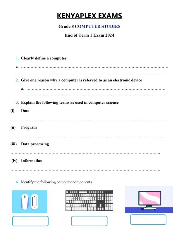 Grade 8 Computer Studies End of Term 1 Exam 2024 1982
