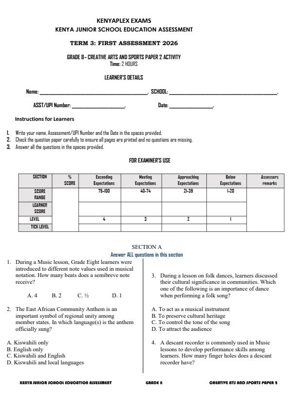 Preview page Grade-8-Creative-Arts-and-Sports-Paper-2-Activity-Term-3-Opener-Exam-2026_6542_0.jpg