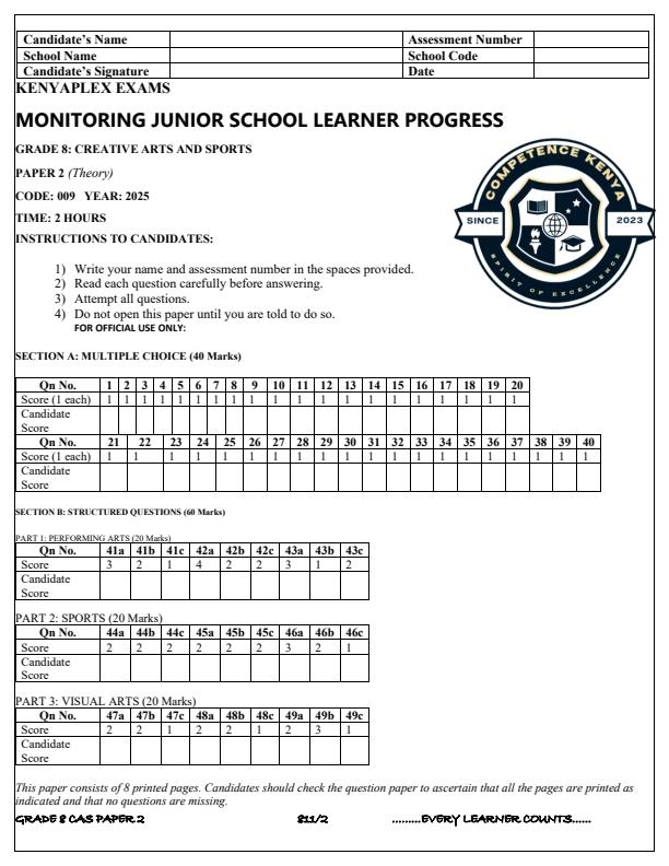 Preview page Grade-8-Creative-Arts-and-Sports-Paper-2-Term-3-Opener-Exam-2025_4546_0.jpg