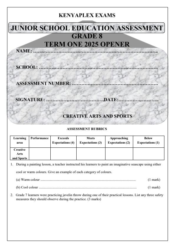 Preview page Grade-8-Creative-Arts-and-Sports-Term-1-Opener-Exam-2025_3461_0.jpg