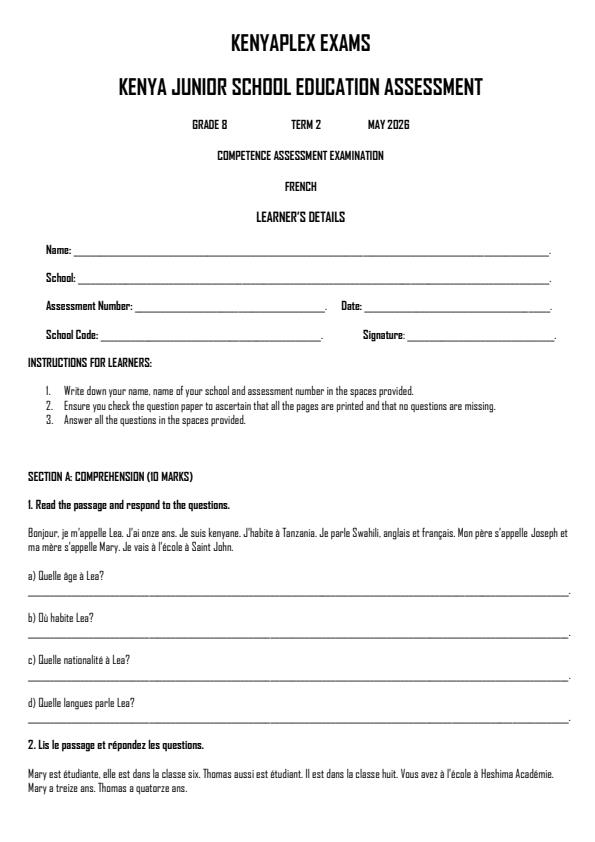 Preview page Grade-8-French-Term-2-OPener-Exam-2026_5613_0.jpg