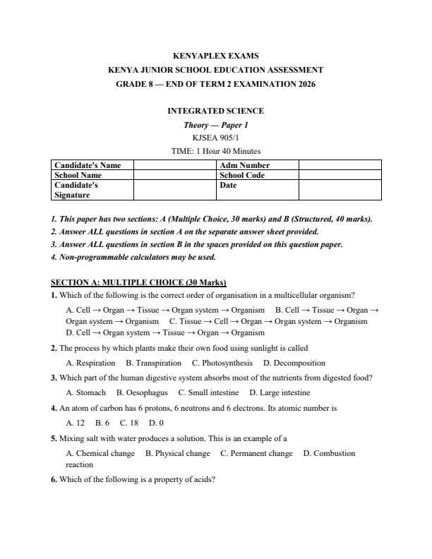 Preview page Grade-8-Integrated-Science-Paper-1-July-Assessment-Examination-2026_6374_0.jpg