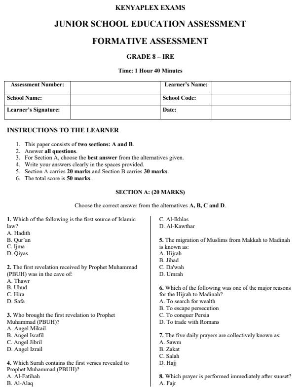 Preview page Grade-8-Islamic-Religious-Education-End-Term-3-Set-2-Exam-2026_7175_0.jpg