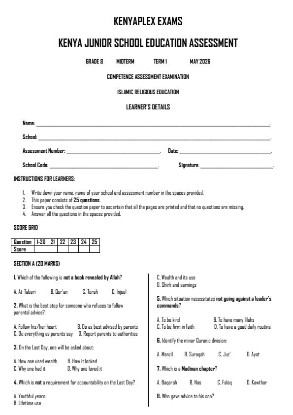 Preview page Grade-8-Islamic-Religious-Education-Term-2-Opener-Exam-2026_5618_0.jpg