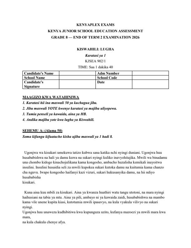 Preview page Grade-8-Kiswahili-Paper-1-July-Assessment-Examination-2026_6375_0.jpg