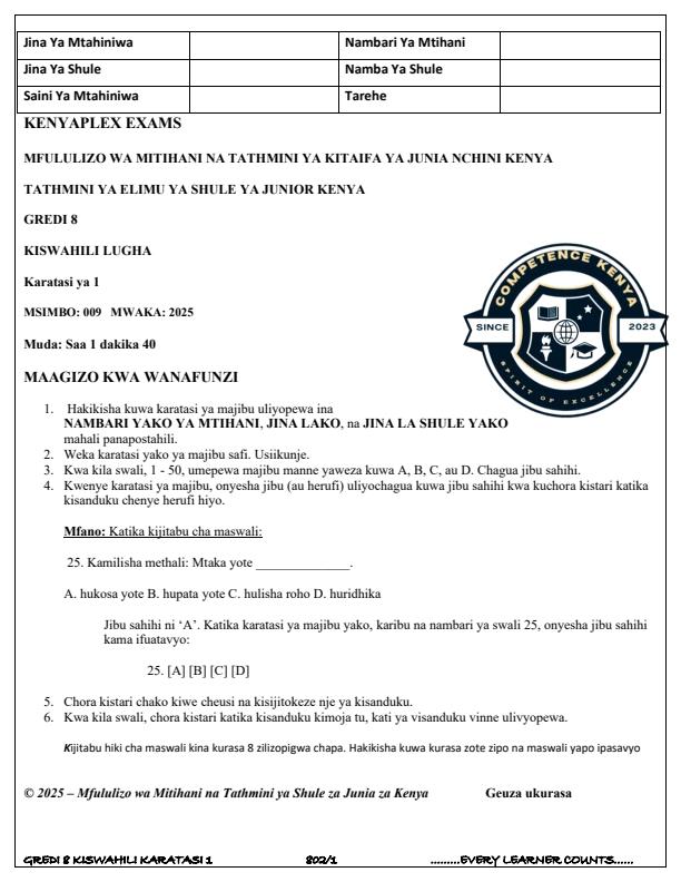 Preview page Grade-8-Kiswahili-Paper-1-Term-3-Opener-Exam-2025_4554_0.jpg