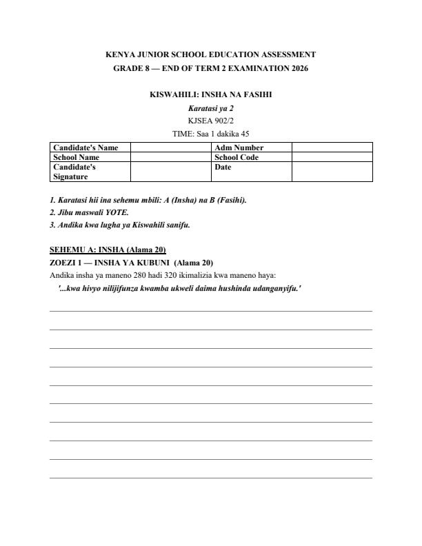 Preview page Grade-8-Kiswahili-Paper-2-July-Assessment-Examination-2026_6376_0.jpg