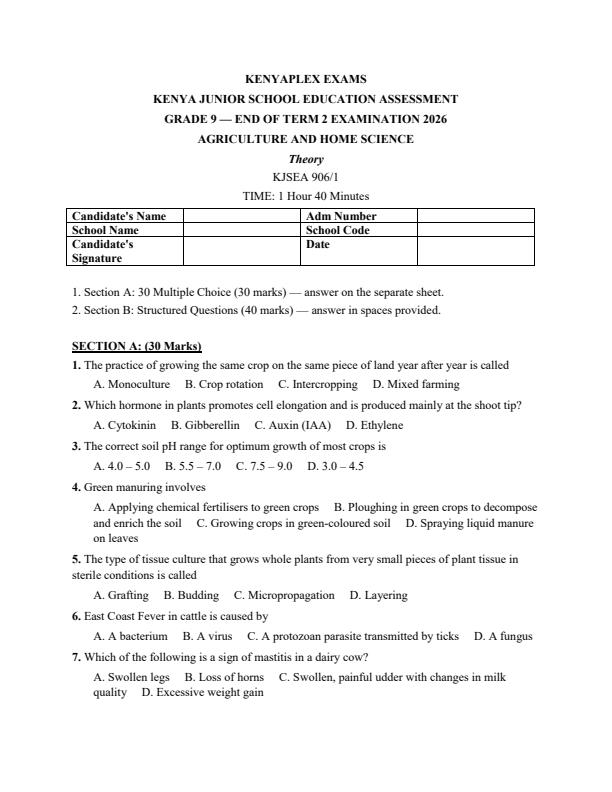 Preview page Grade-9-Agriculture-and-Home-Science-July-Assessment-Examination-2026_6380_0.jpg