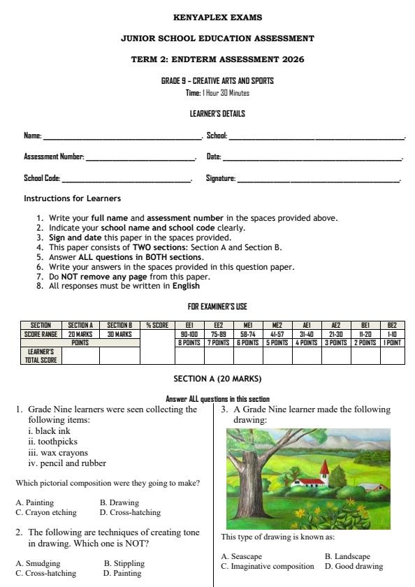 Preview page Grade-9-Creative-Arts-and-Sports-End-Term-2-Exam-2026_6114_0.jpg