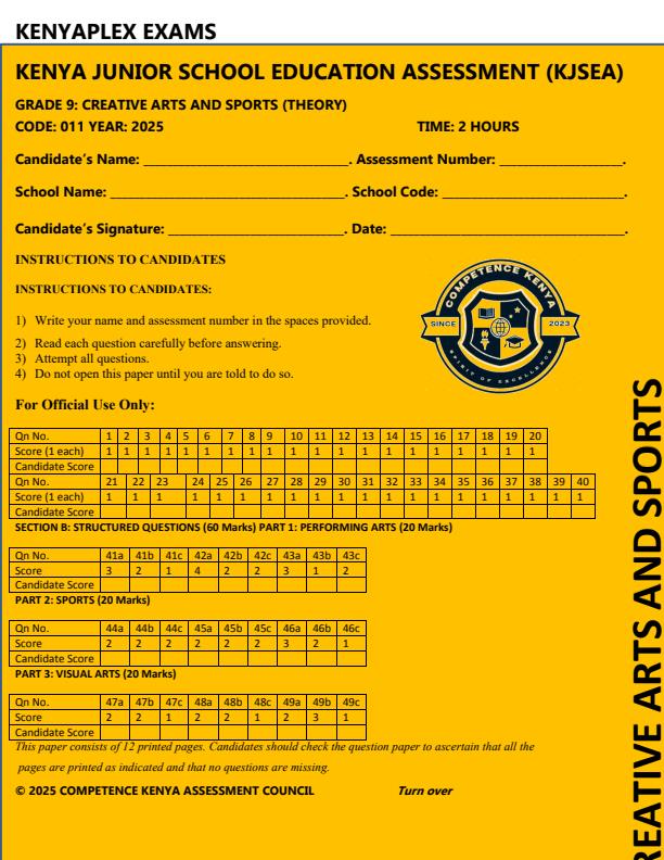 Preview page Grade-9-Creative-Arts-and-Sports-End-of-Term-3-KJSEA-Prediction-Exam-2025_4855_0.jpg