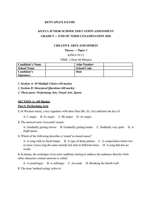 Preview page Grade-9-Creative-Arts-and-Sports-July-Assessment-Examination-2026_6382_0.jpg