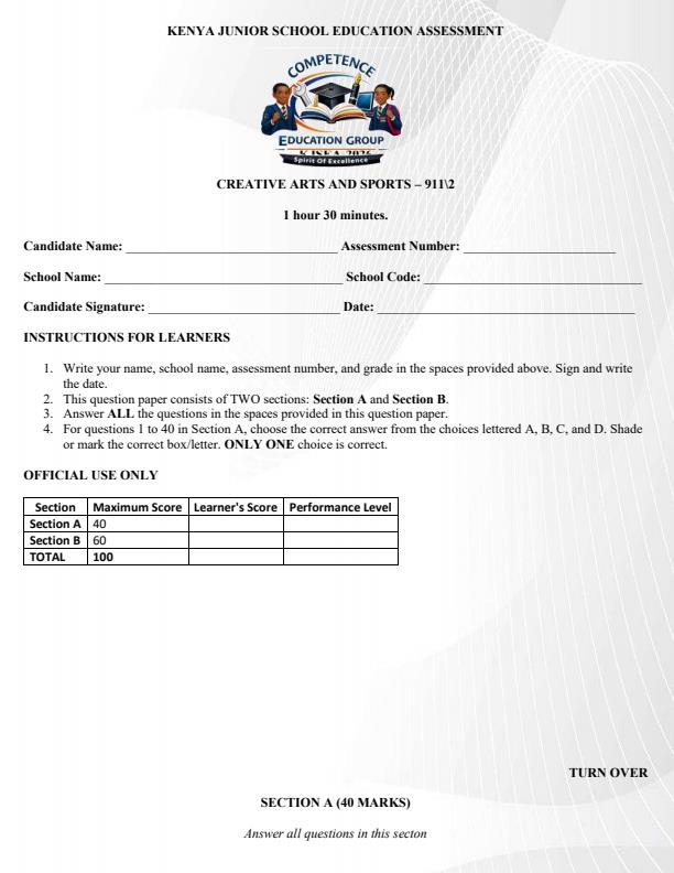 Preview page Grade-9-Creative-Arts-and-Sports-KJSEA-Prediction-Exam-2026_6365_0.jpg