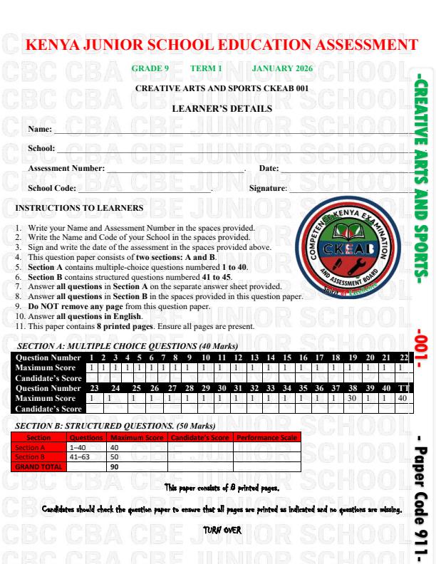 Preview page Grade-9-Creative-Arts-and-Sports-Opener-Exam-Term-1-2026_5002_0.jpg