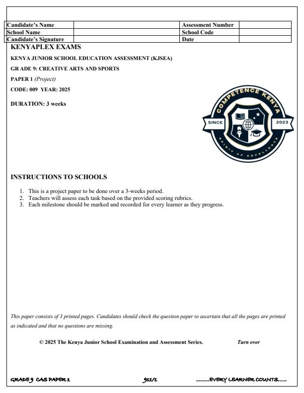 Preview page Grade-9-Creative-Arts-and-Sports-Paper-1-Term-3-Opener-Exam-2025_4561_0.jpg