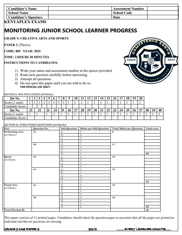Preview page Grade-9-Creative-Arts-and-Sports-Paper-2-Term-3-Opener-Exam-2025_4562_0.jpg