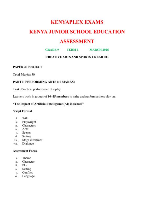 Preview page Grade-9-Creative-Arts-and-Sports-Project-End-Term-1-Exam-2026_5397_0.jpg