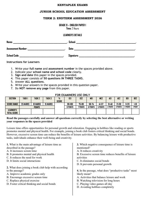 Preview page Grade-9-English-Paper-1-End-Term-2-Exam-2026_6115_0.jpg