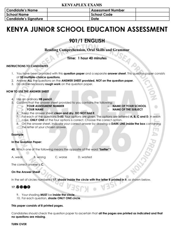 Preview page Grade-9-English-Paper-1-KJSEA-Prediction-2-Exam-2026_6616_0.jpg