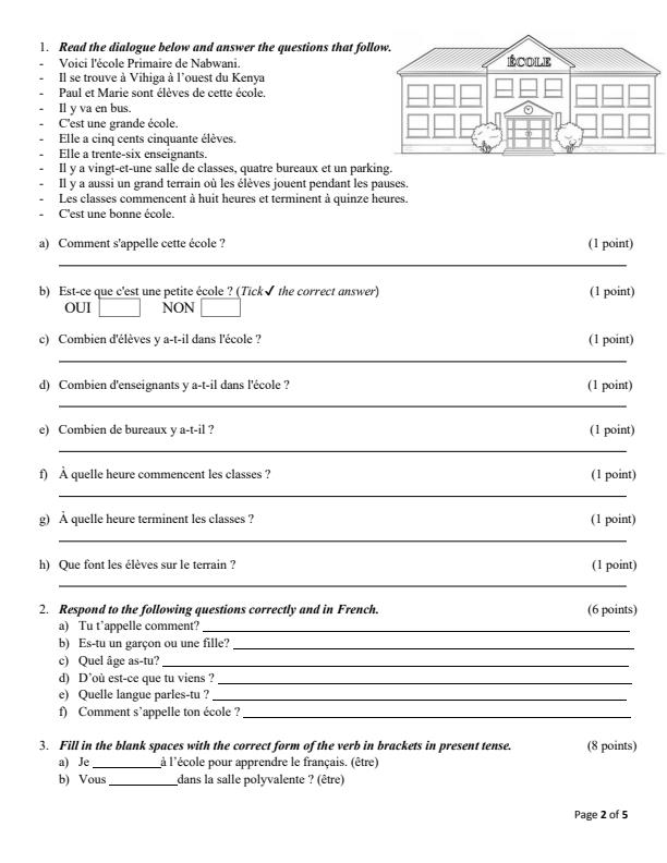 Grade 9 French Mid Term 1 Exam 2025