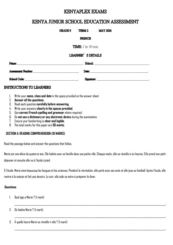 Preview page Grade-9-French-Term-2-Opener-Exam-2026_5630_0.jpg
