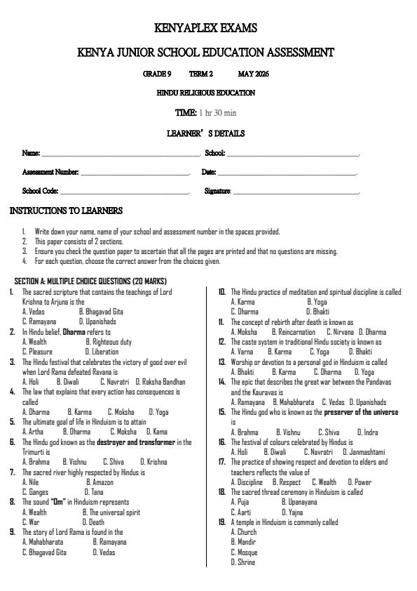 Preview page Grade-9-Hindu-Religious-Education-Term-2-Opener-Exam-2026_5632_0.jpg