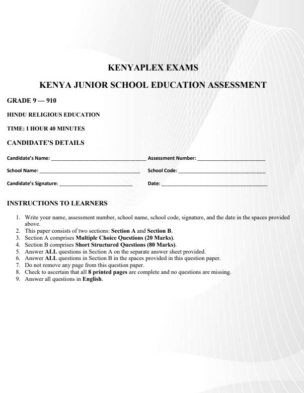 Preview page Grade-9-Hindu-Religious-Education-Term-3-Opener-Exam-2026_6523_0.jpg