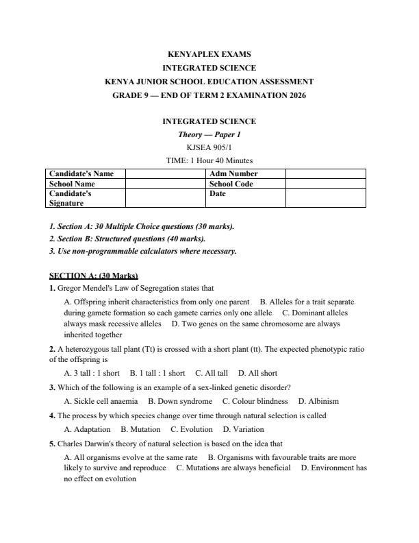 Preview page Grade-9-Integrated-Science-July-Assessment-Examination-2026_6385_0.jpg