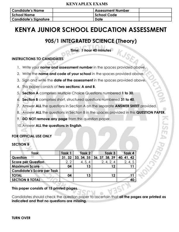 Preview page Grade-9-Integrated-Science-Paper-1-KJSEA-Prediction-2-Exam-2026_6619_0.jpg