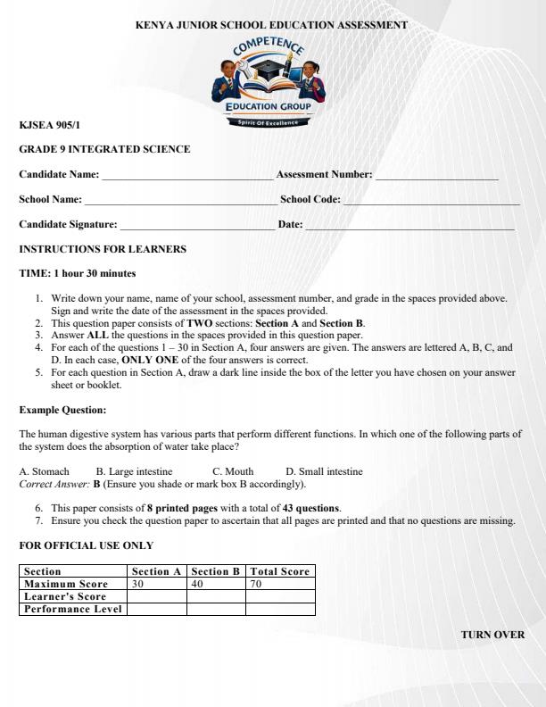 Preview page Grade-9-Integrated-Science-Paper-1-KJSEA-Prediction-Exam-2026_6392_0.jpg