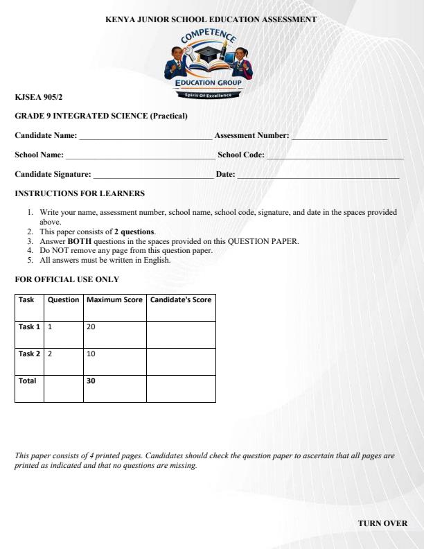 Preview page Grade-9-Integrated-Science-Paper-2-KJSEA-Prediction-Exam-2026_6393_0.jpg