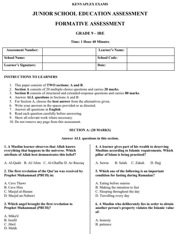 Preview page Grade-9-Islamic-Religious-Education-End-Term-3-Set-2-Exam-2026_7051_0.jpg